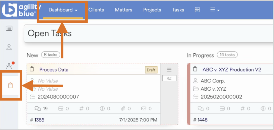 Dashboard view showing open tasks and process data with highlighted sections.